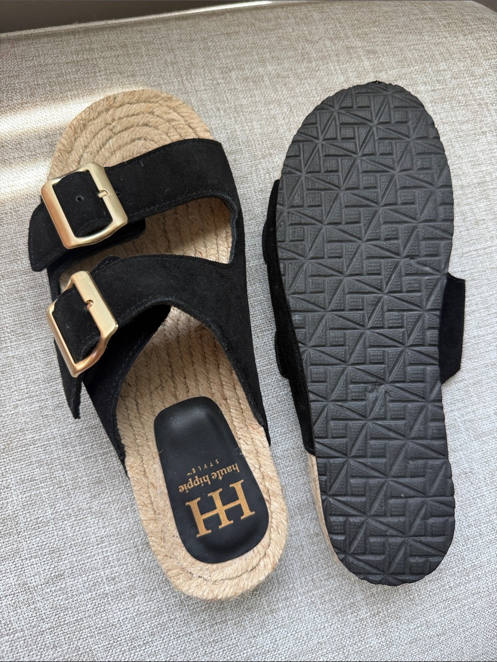 HH haute hippie Black Suede Double Buckle Rope-Trim Slides